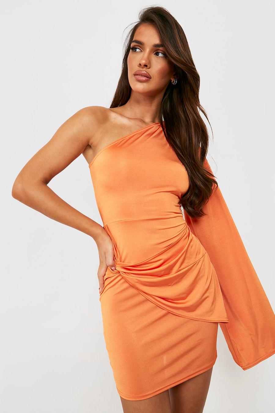 Orange Slinky Twist Knot Flare Sleeve Mini Dress