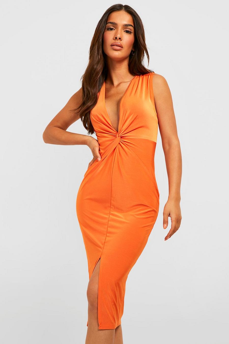 Orange Slinky Twist Front Split Midi Dress image number 1