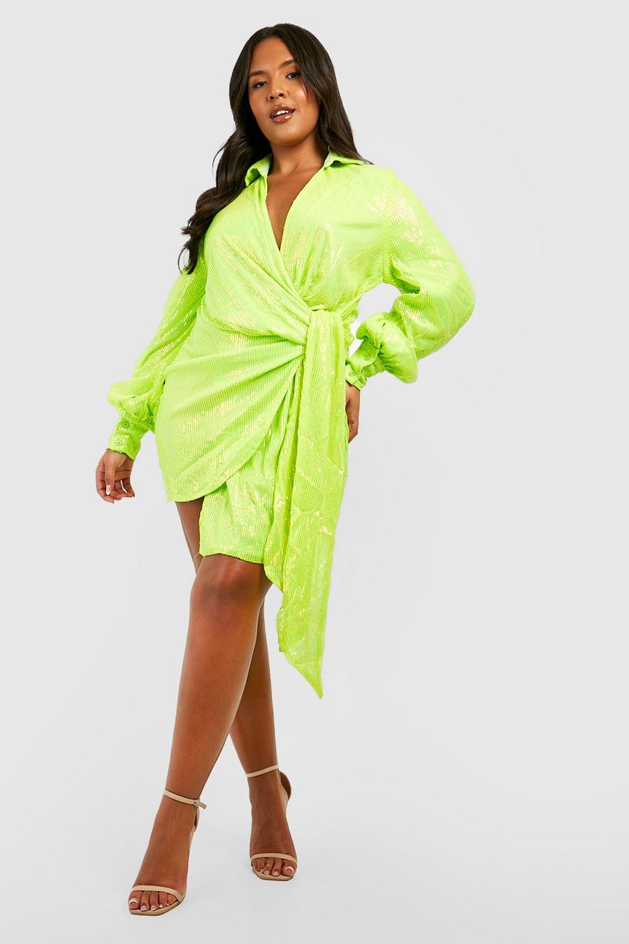 Lime grön Plus Bright Sequin Wrap Dress