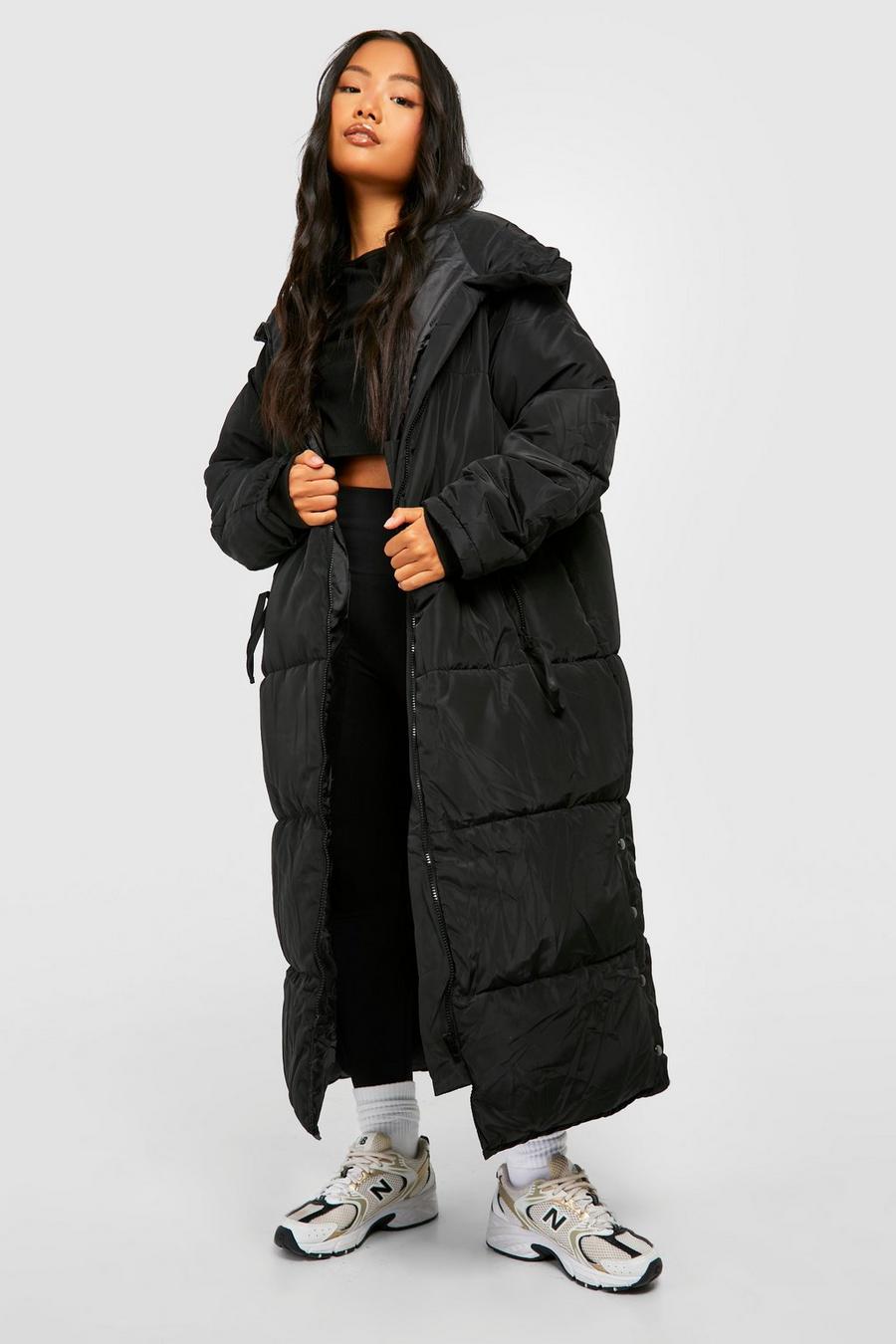 Black Petite Hooded Longline Puffer Jacket image number 1