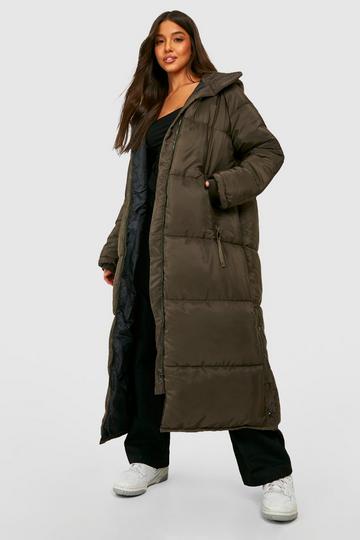 Hooded Longline Puffer Jacket khaki