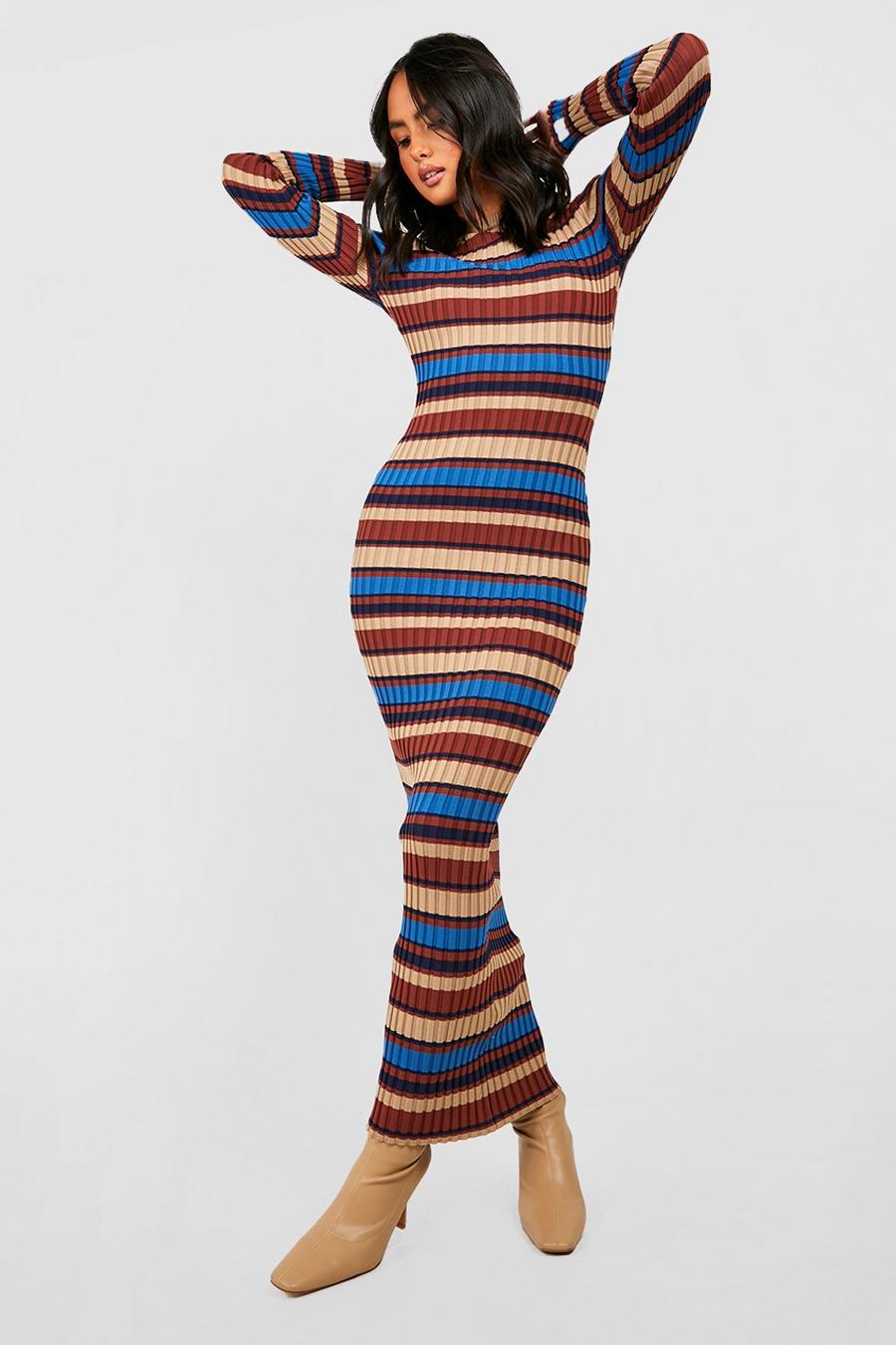 Blue Wide Stripe Rib Knit Maxi Dress image number 1