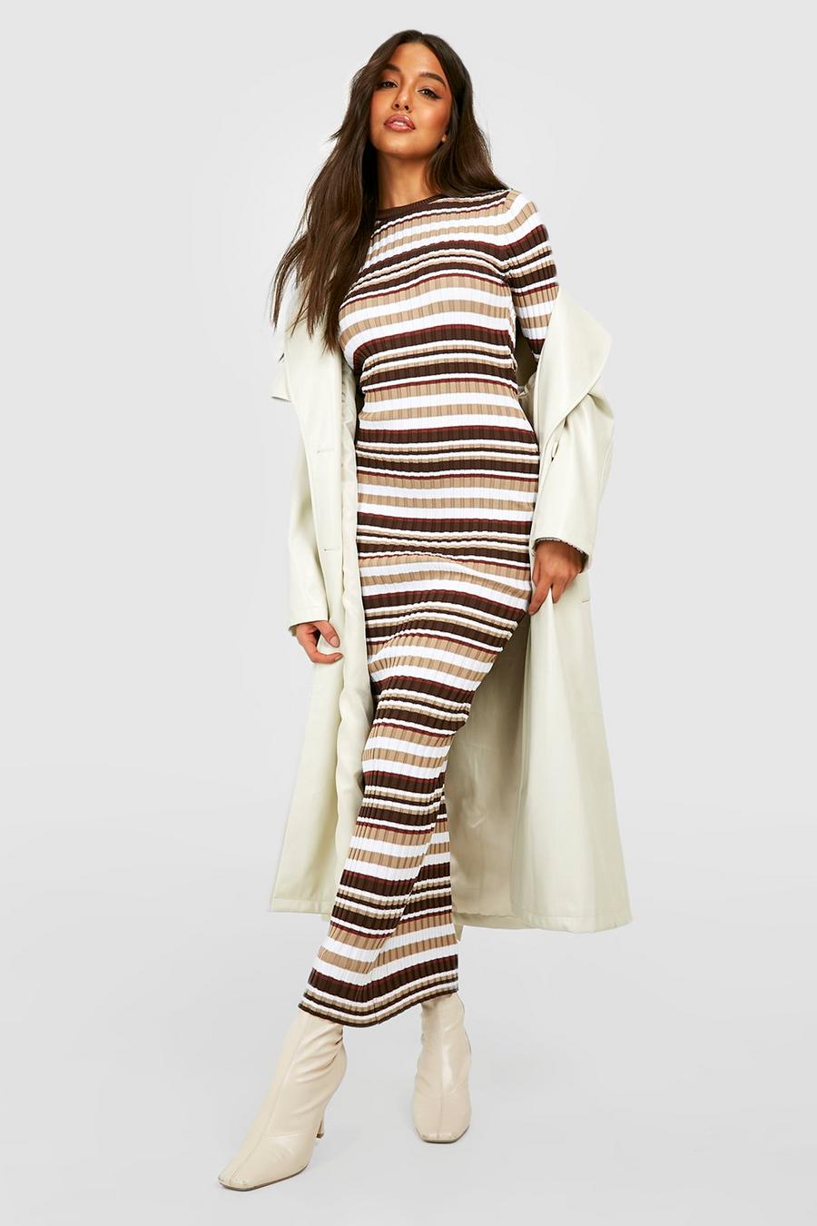 Chocolate Mixed Stripe Midaxi Knitted Dress image number 1