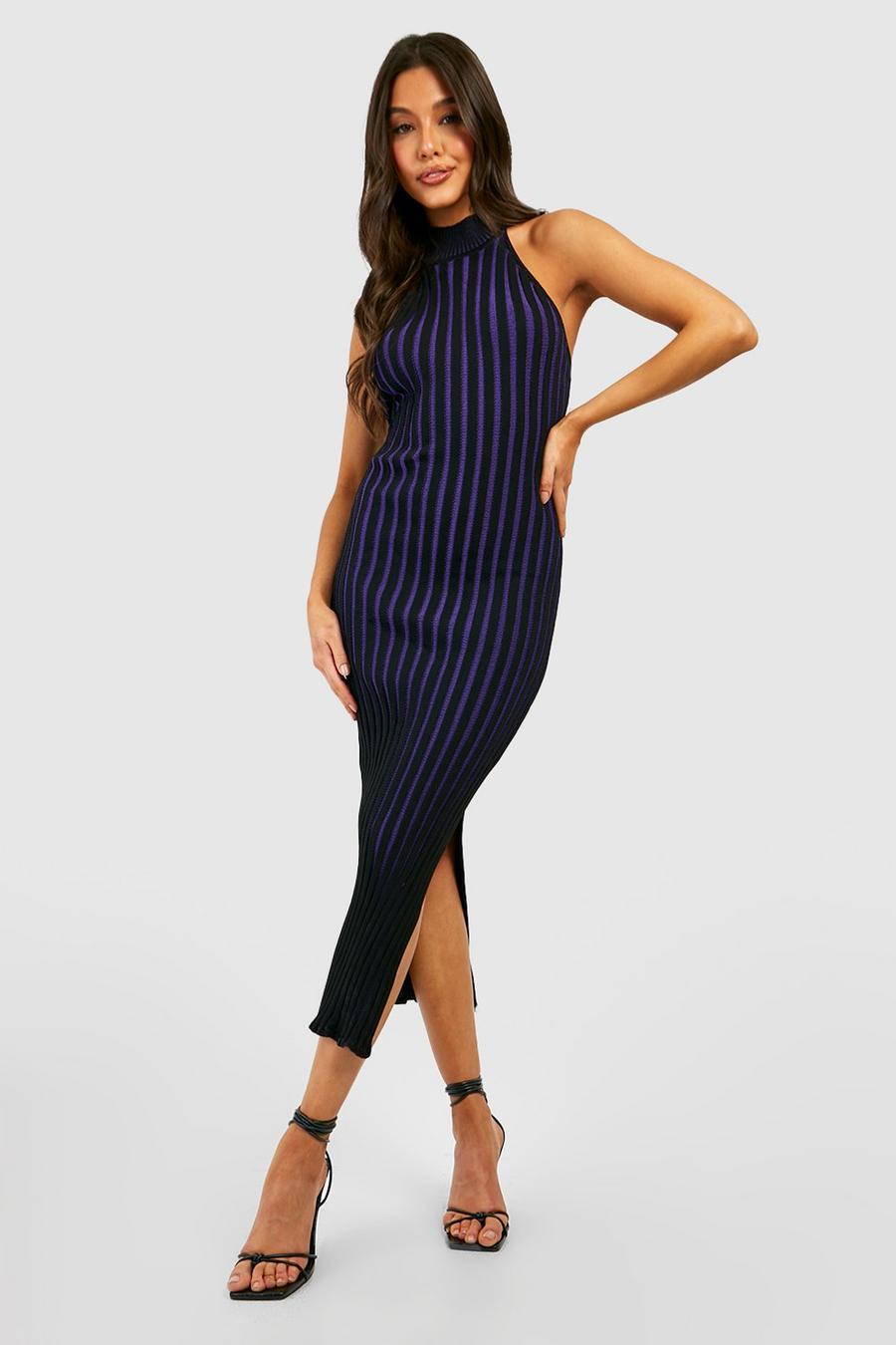 Purple Two Tone Contrast Rib Knitted Midaxi Dress image number 1