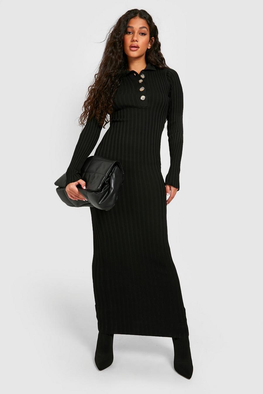 שחור שמלת מקסי בסריגת ריב רחבה בשני צבעים image number 1