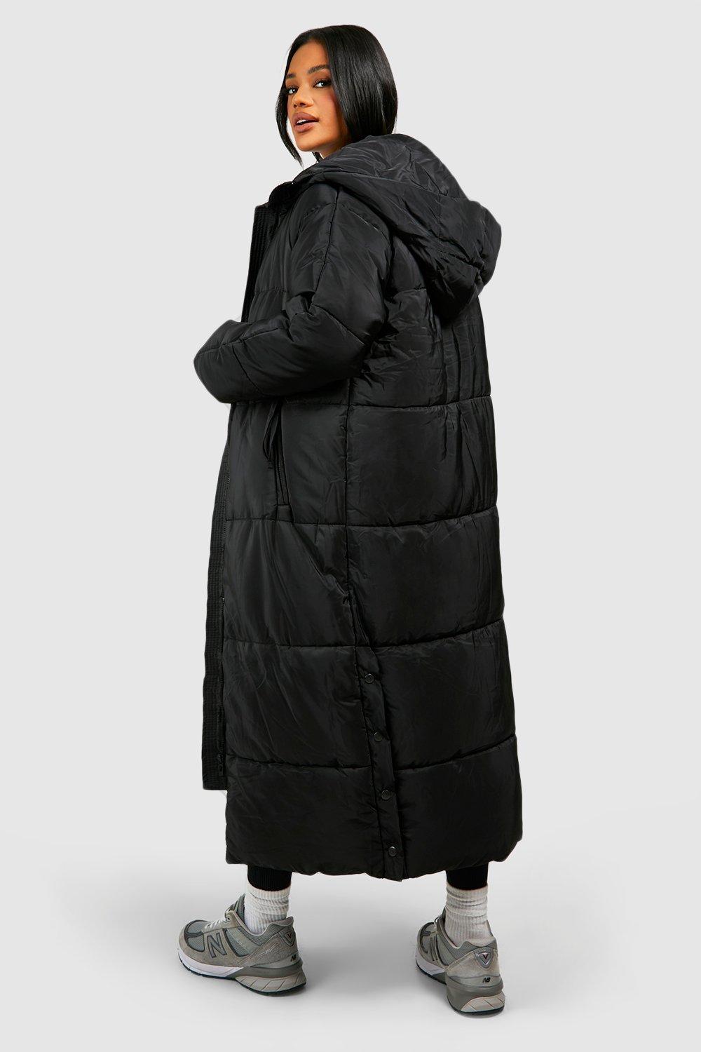 Boohoo longline padded coat with hood in clearance black