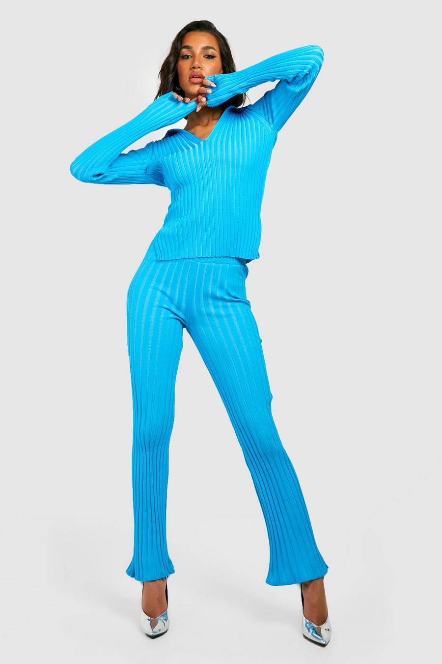 Blue Two Tone Wide Rib Top & Flares Knitted Set image number 1