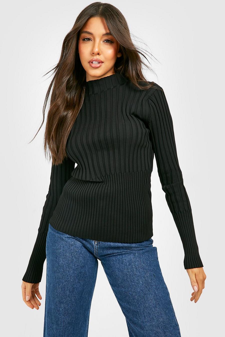 Zweifarbiger hochgeschlossener Pullover, Black image number 1