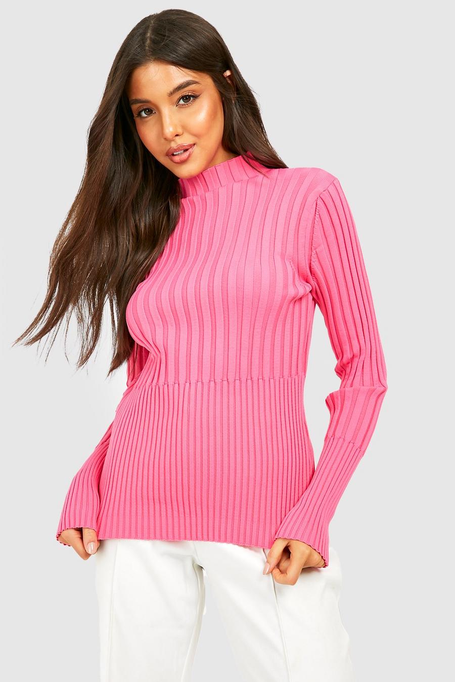 Zweifarbiger hochgeschlossener Pullover, Hot pink
