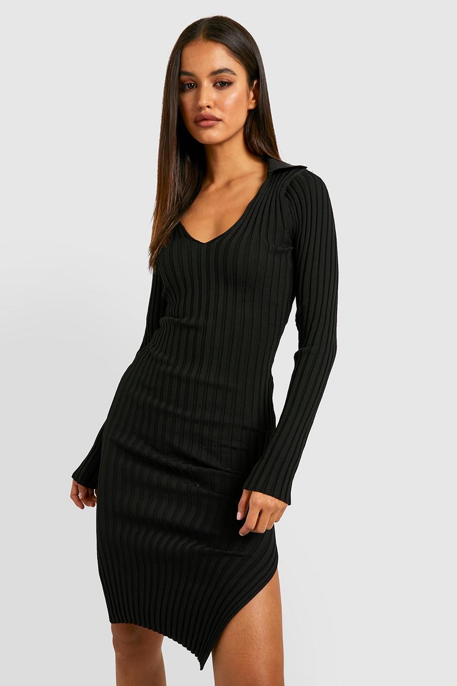 Black Two Tone Wide Rib Knitted Midi Dress image number 1