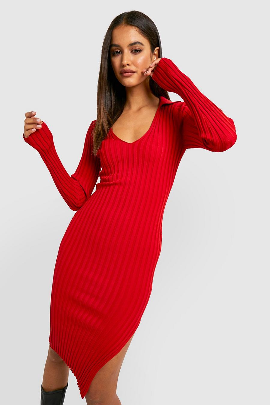 Red Two Tone Wide Rib Knitted Midaxi Dress image number 1