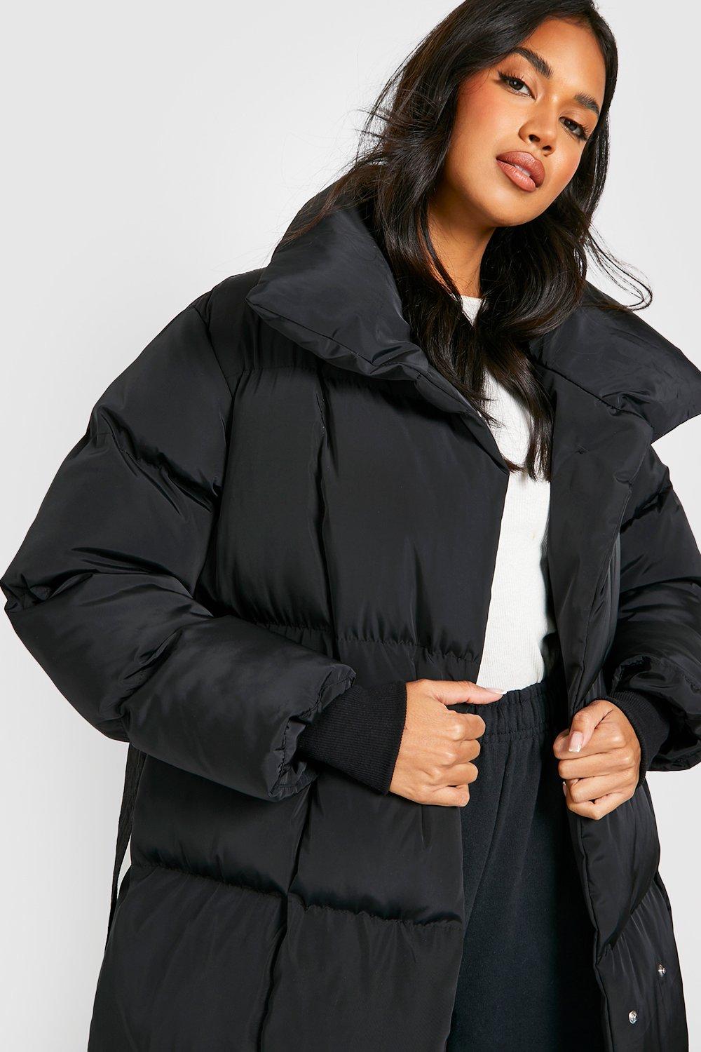 Long black sale belted puffer coat