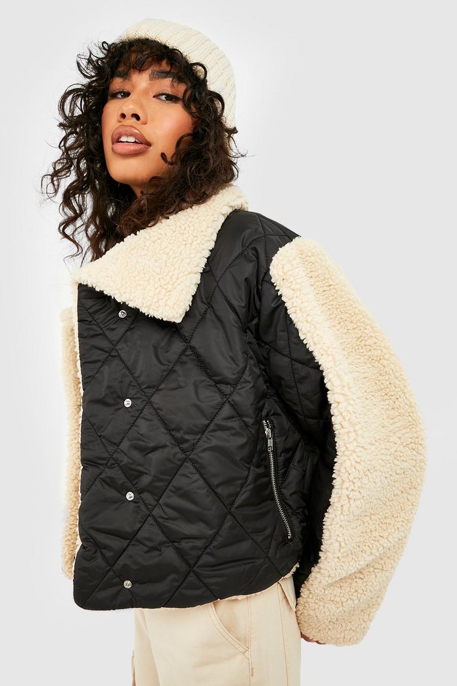 Black Teddy Trim Quilted Puffer Jacket