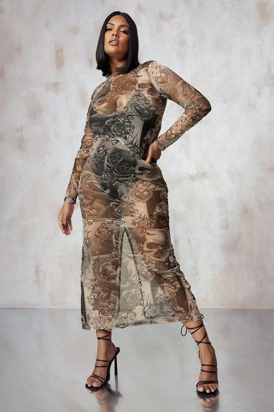 Kourtney Kardashian Barker - Robe longue en mesh à imprimé tatouage, Grey gris