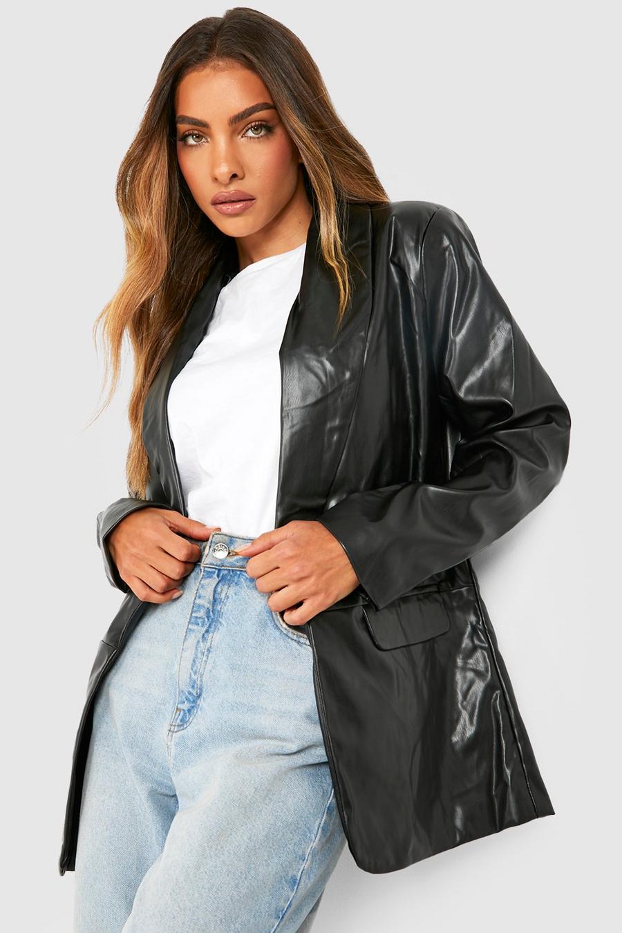 Black Premium Leather Look Boyfriend Blazer image number 1