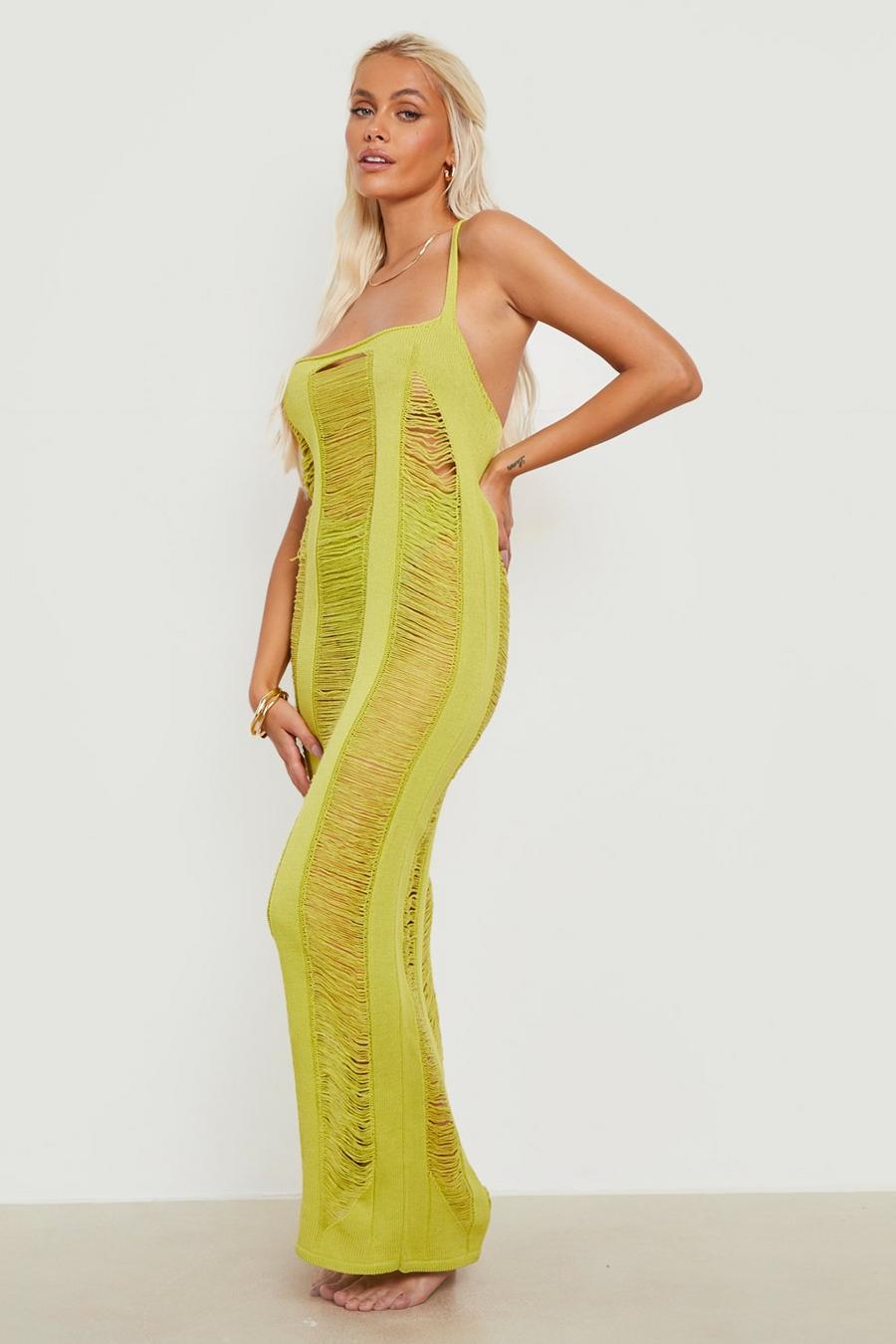 Lime Ladder Knit Strappy Maxi Beach Dress image number 1