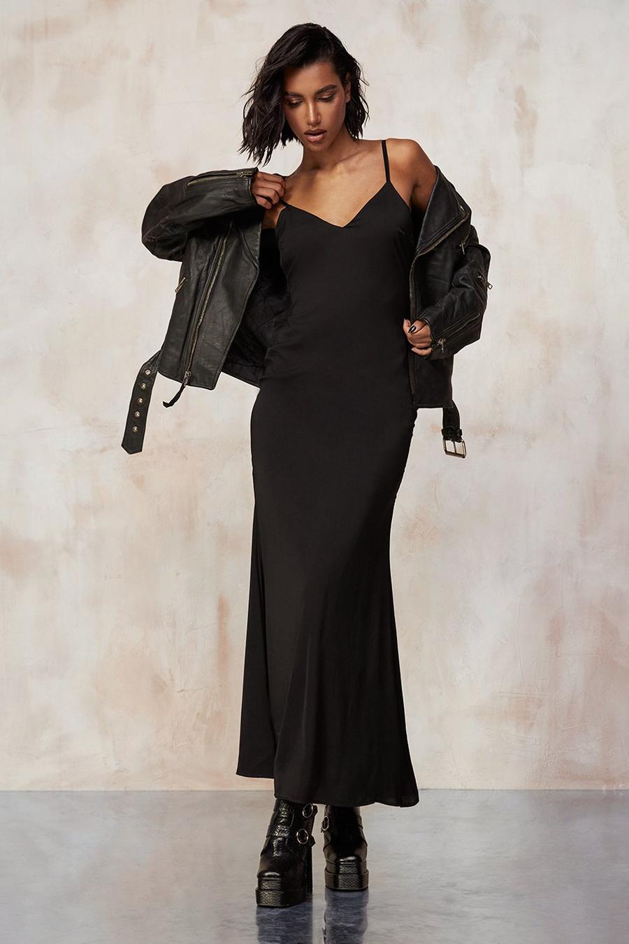 Black noir Kourtney Kardashian Barker Maxi Satin Dress