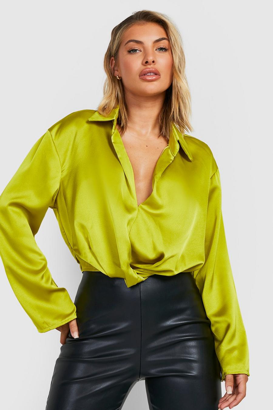 Chartreuse Satin Drape Front Shirt image number 1