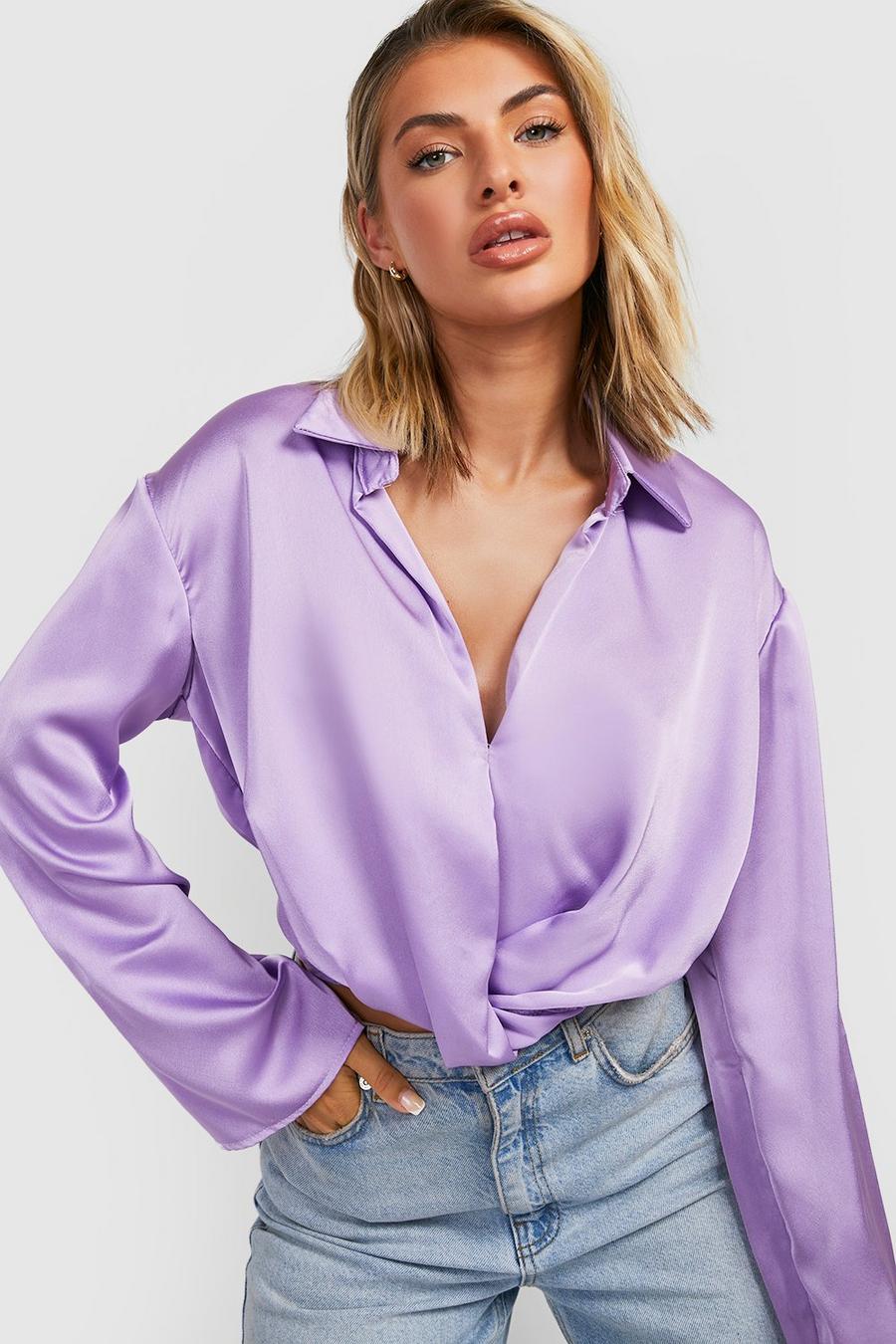 Lilac Satin Drape Front Shirt image number 1