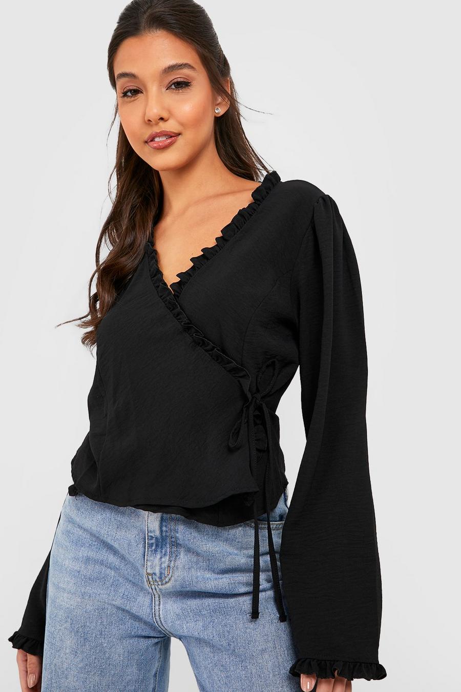 Black Textured Ruffle Detail Tie Side Blouse