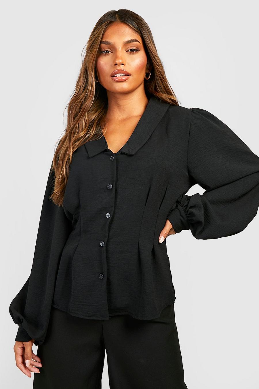 Black Textured Seam Detail Puff Sleeve Blouse image number 1