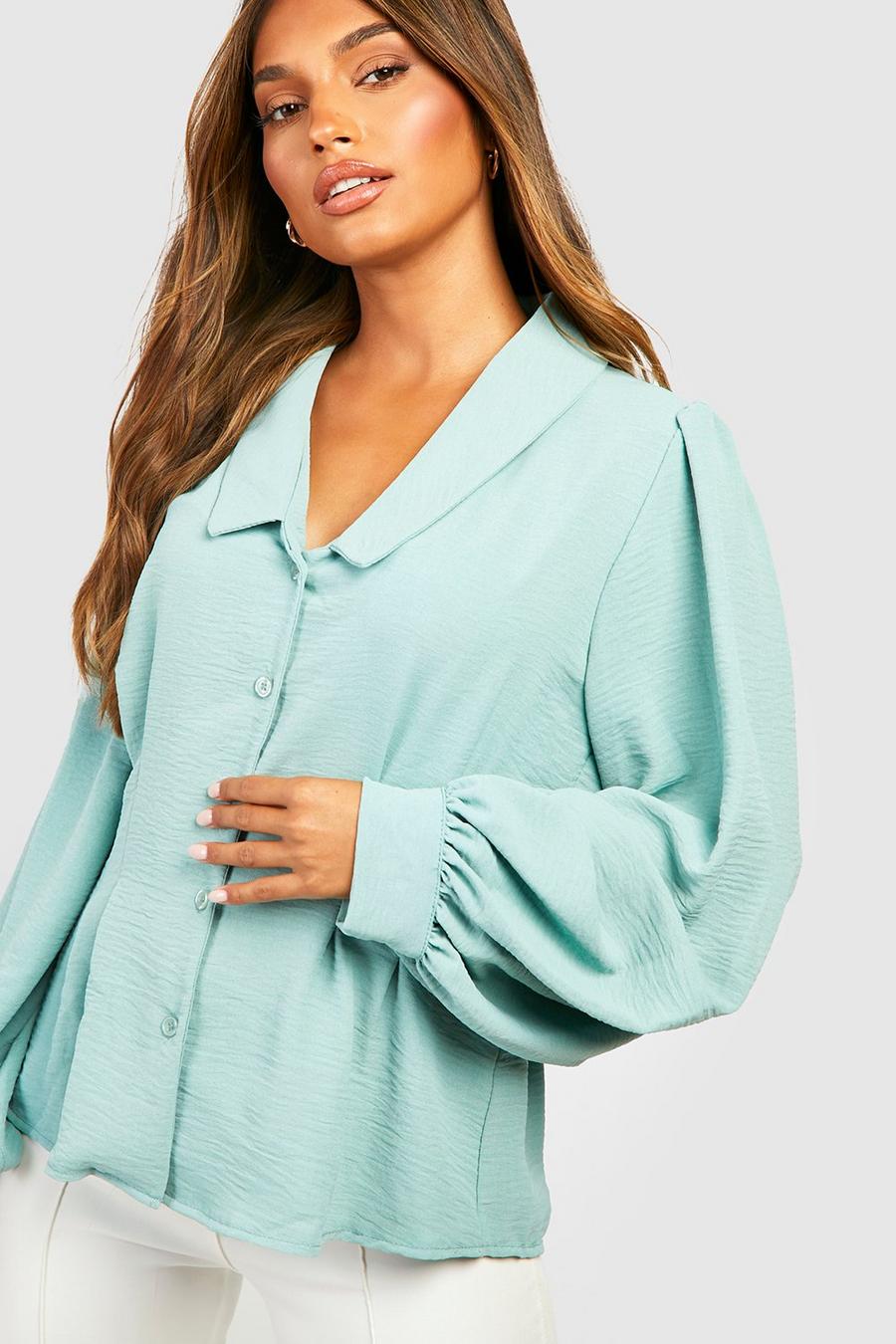 Sage Textured Seam Detail Puff Sleeve Blouse image number 1