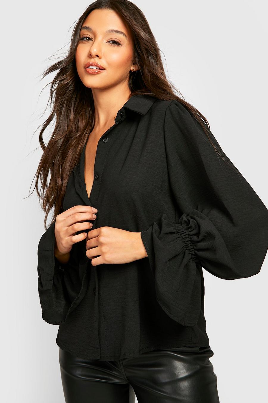 Black Textured Puff Sleeve Flared Cuff Shirt image number 1