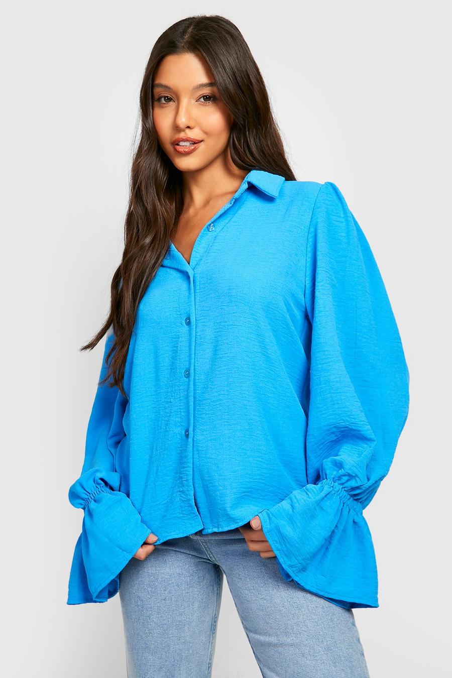 Bright blue Textured Volume Sleeve Flared Cuff Shirt 
