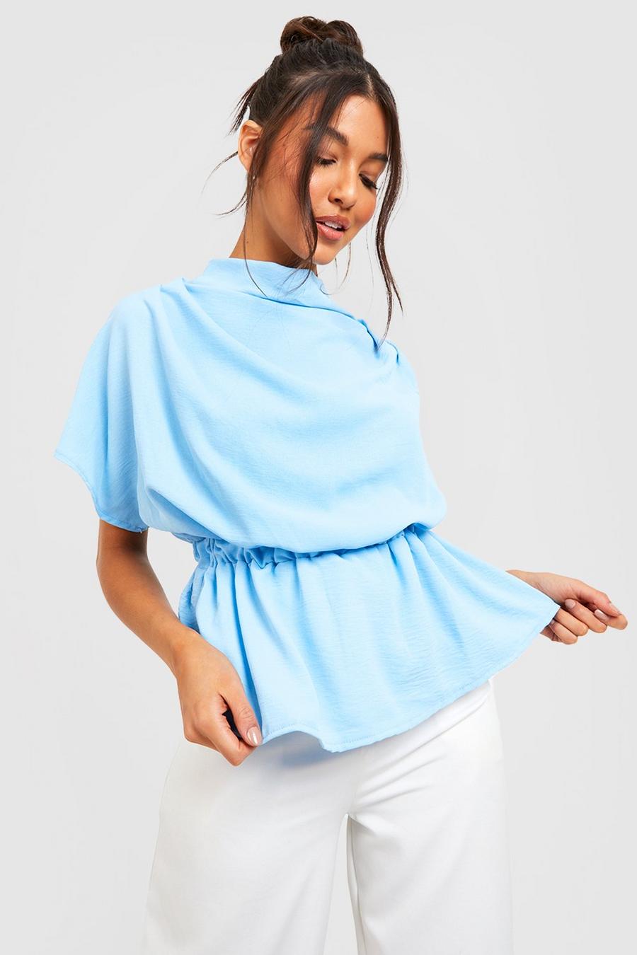 Powder blue Textured Cowl Neck Floaty Sleeve Blouse image number 1
