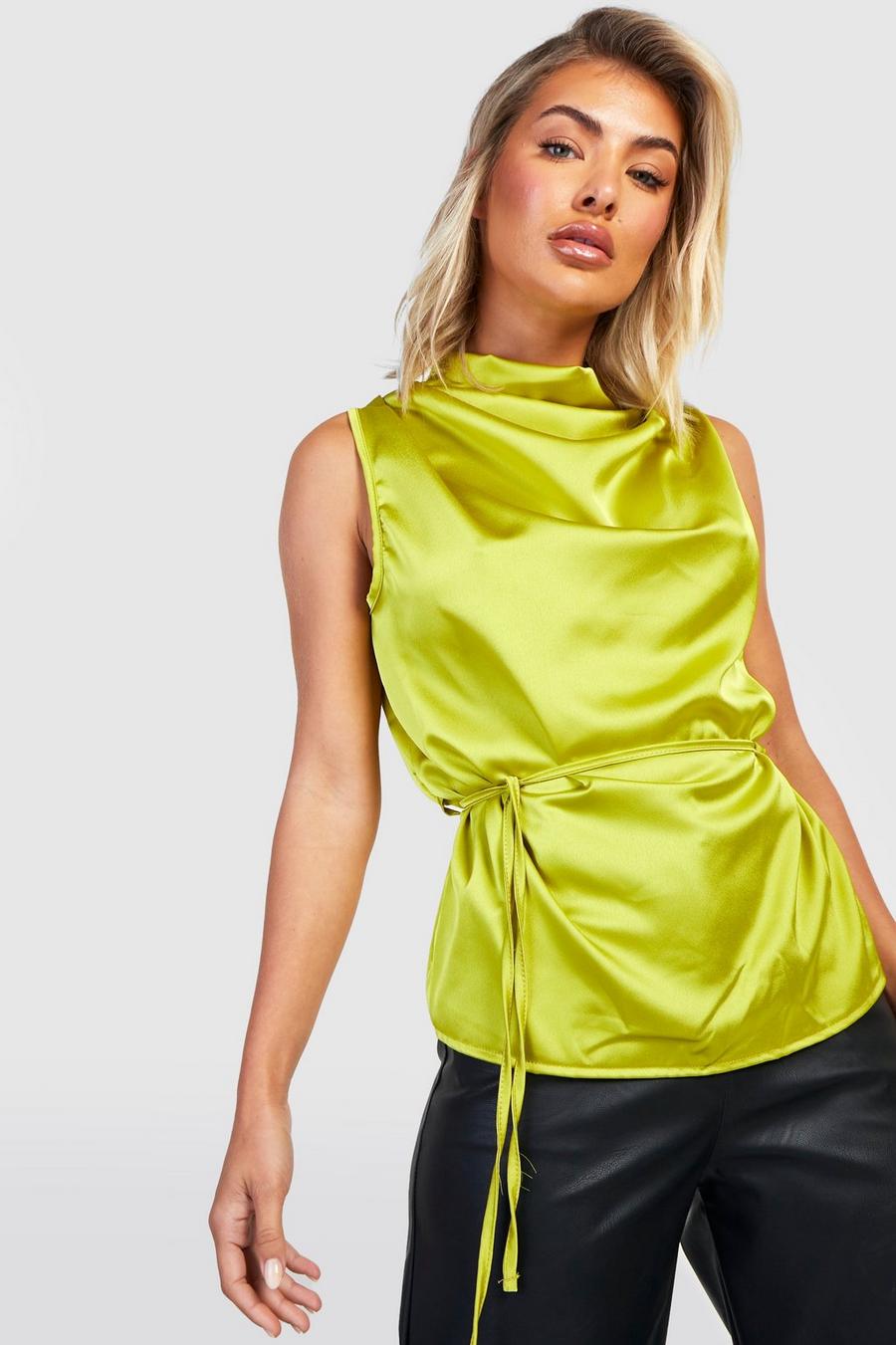 Chartreuse Satin Cowl Neck Tie Waist Sleeveless Blouse image number 1