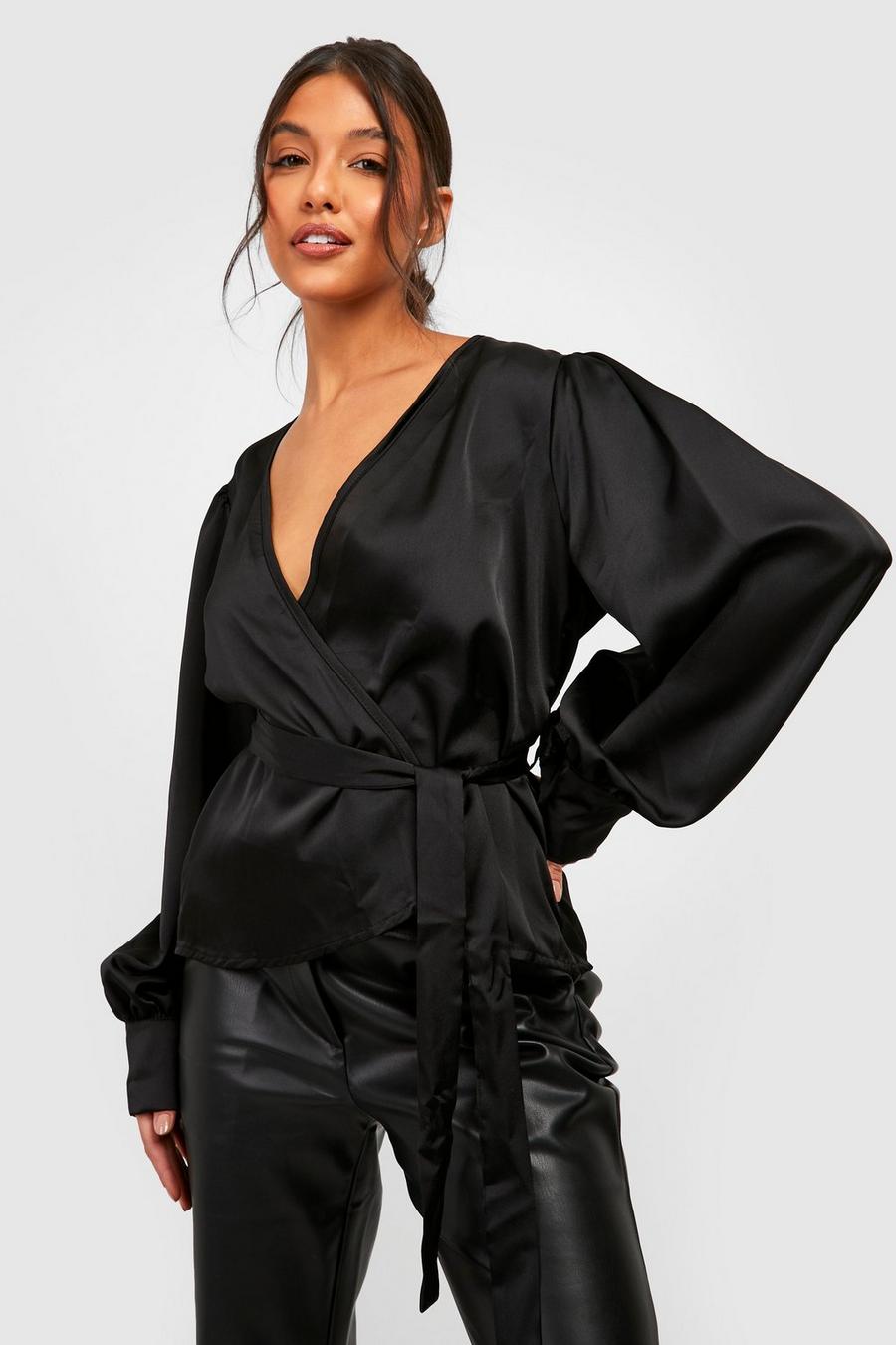Black Satin Puff Sleeve Wrap Front Blouse image number 1