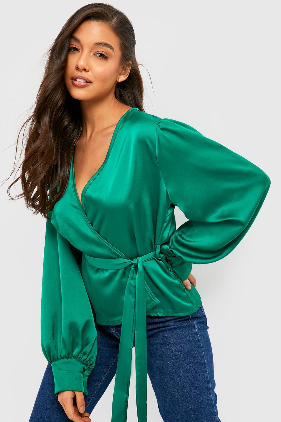 Emerald Satin Puff Sleeve Wrap Front Blouse image number 1