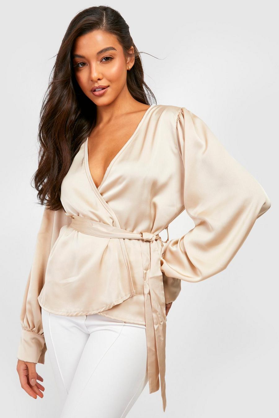 Oyster blanco Satin Volume Sleeve Wrap Front Blouse image number 1