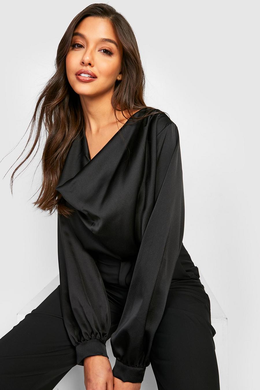 Black Satin Cowl Puff Sleeve Blouse image number 1