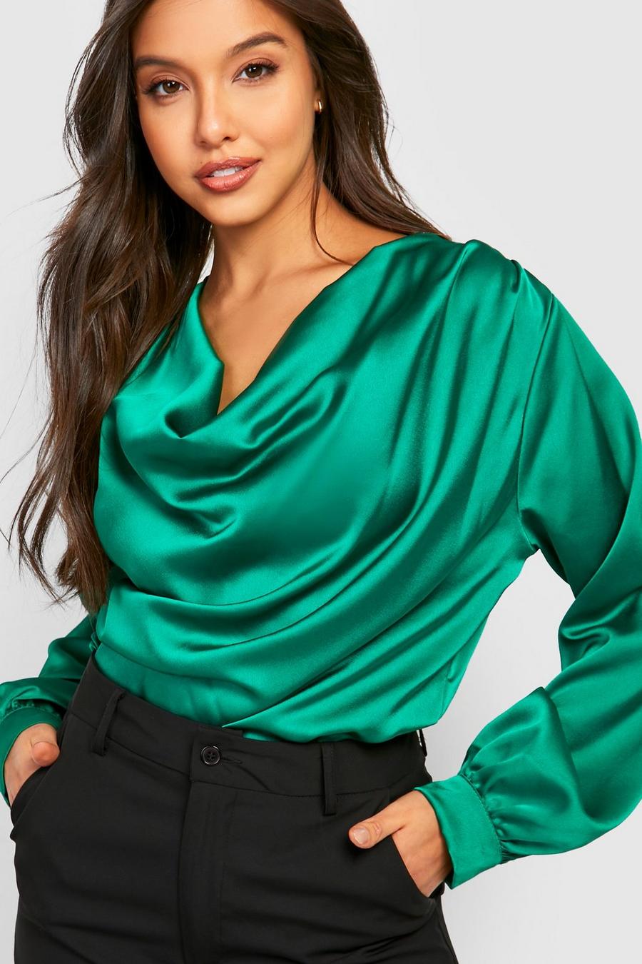 Emerald Satin Cowl Puff Sleeve Blouse image number 1