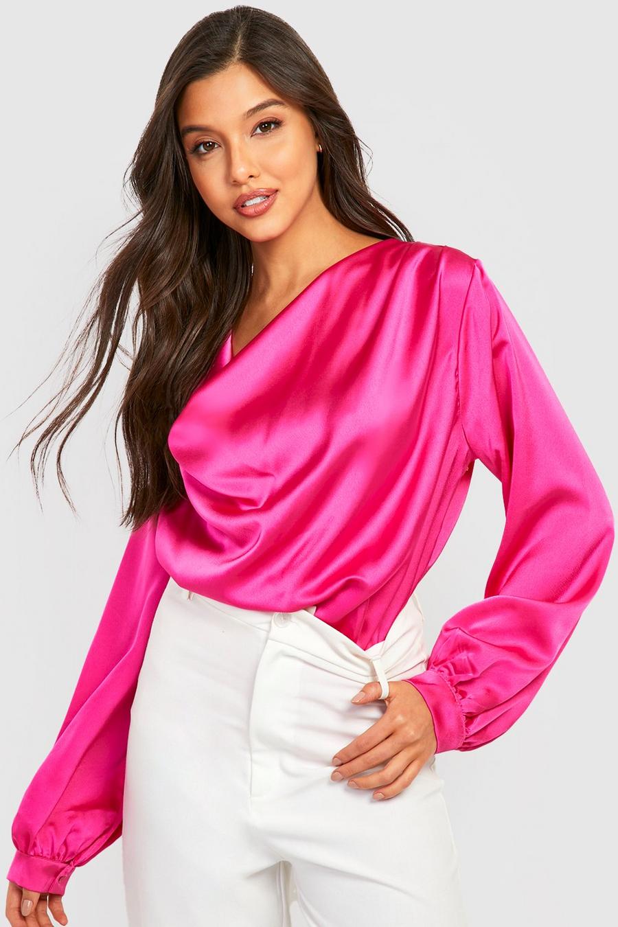 Hot pink Satin Cowl Puff Sleeve Blouse image number 1
