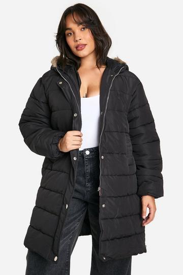 Black Plus Faux Fur Trim Longline Puffer Jacket