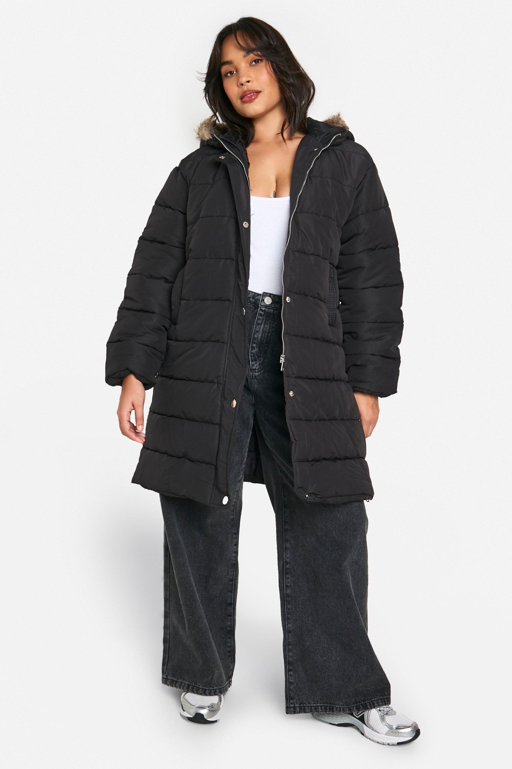 Boohoo padded coat with fur trim and waist detail in black best sale