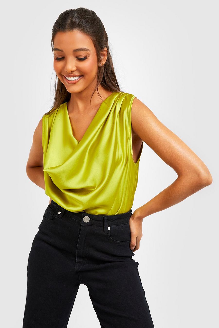 Chartreuse Satin Cowl Sleeveless Blouse image number 1