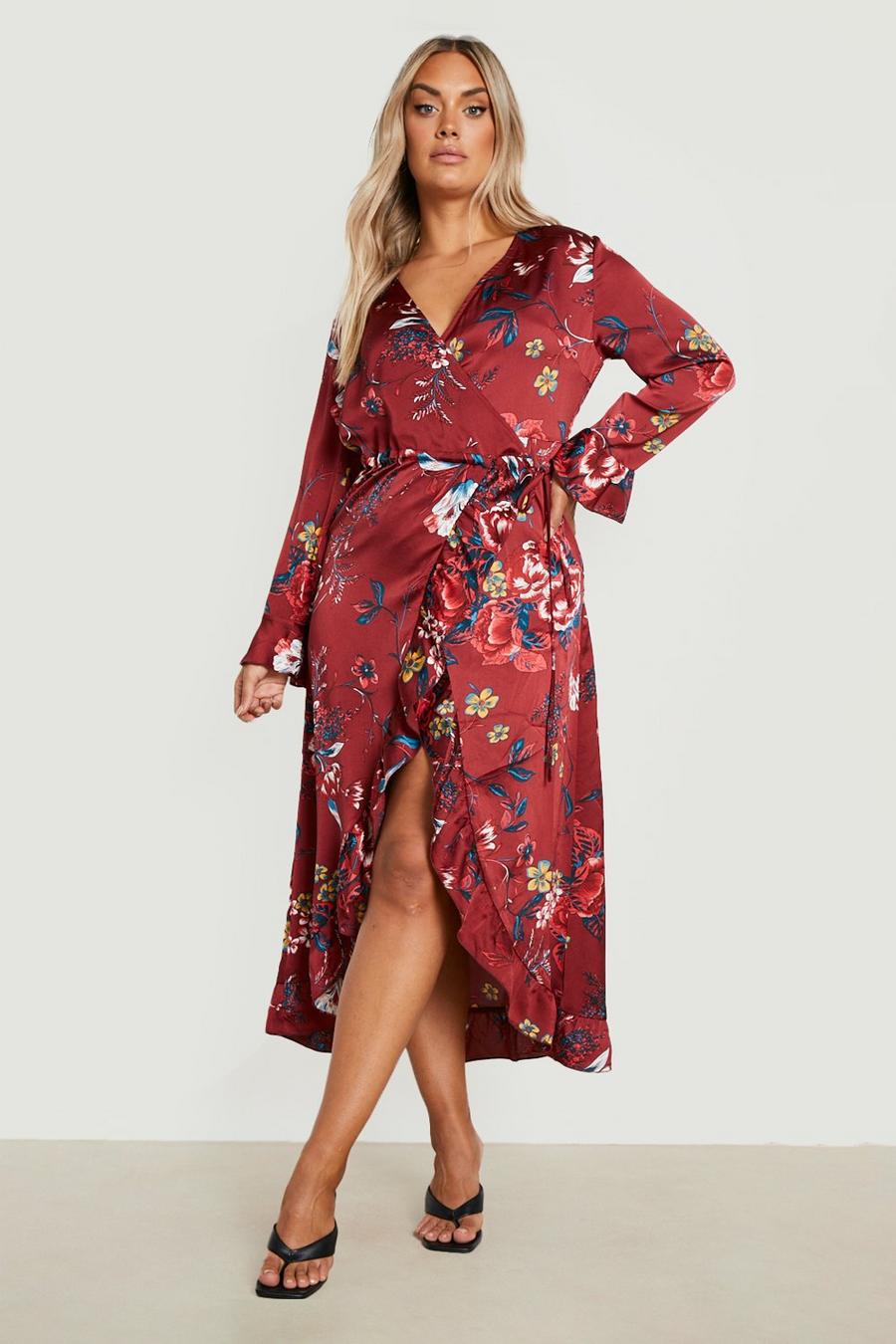 Berry red Plus Floral Ruffle Wrap Dress