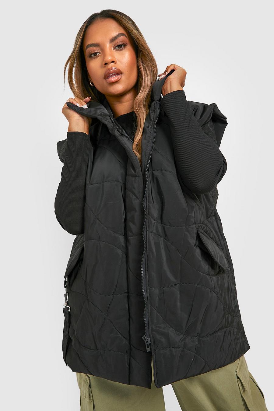 Black Plus Wave Quilted Funnel Neck Utility Gilet