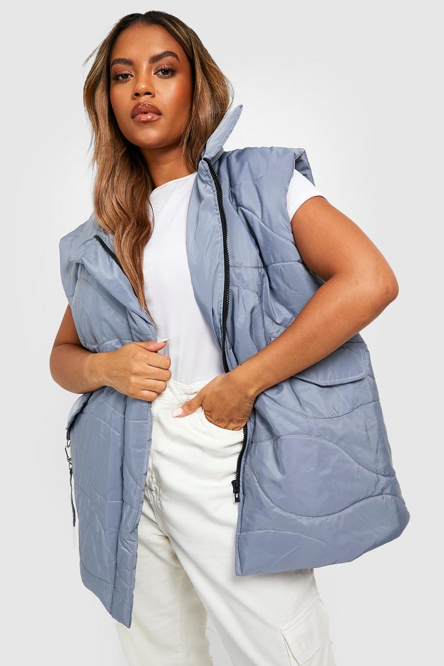 Grey Plus Wave Quilted Funnel Neck Utility Gilet image number 1