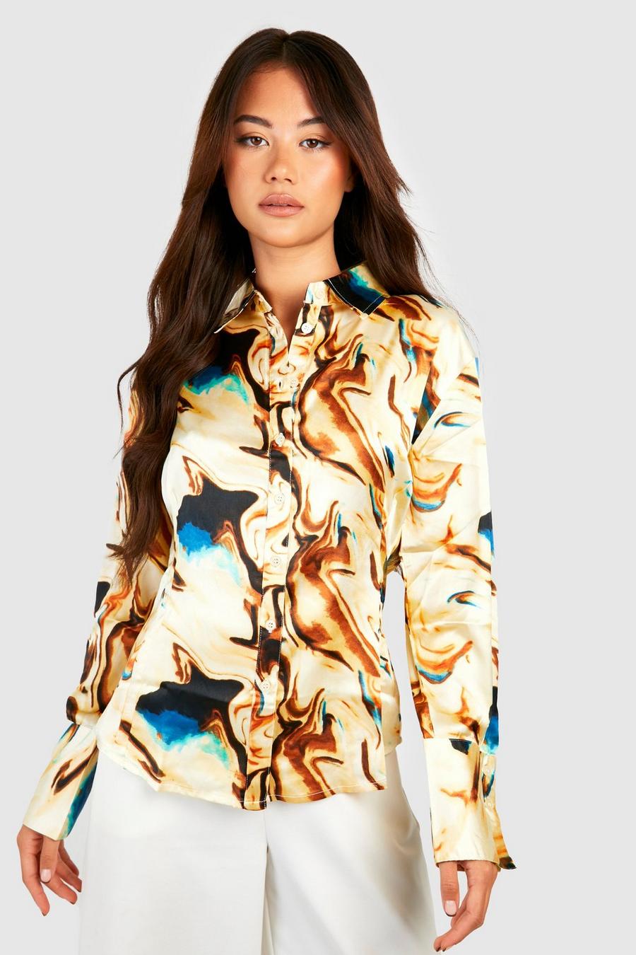 Orange Abstract Print Fitted Satin Shirt image number 1
