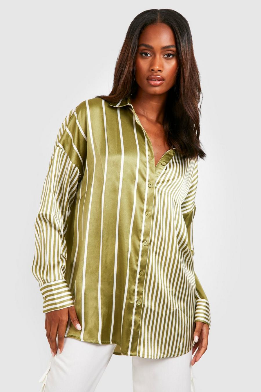 Khaki Mix Stripe Oversized Satin Shirt image number 1