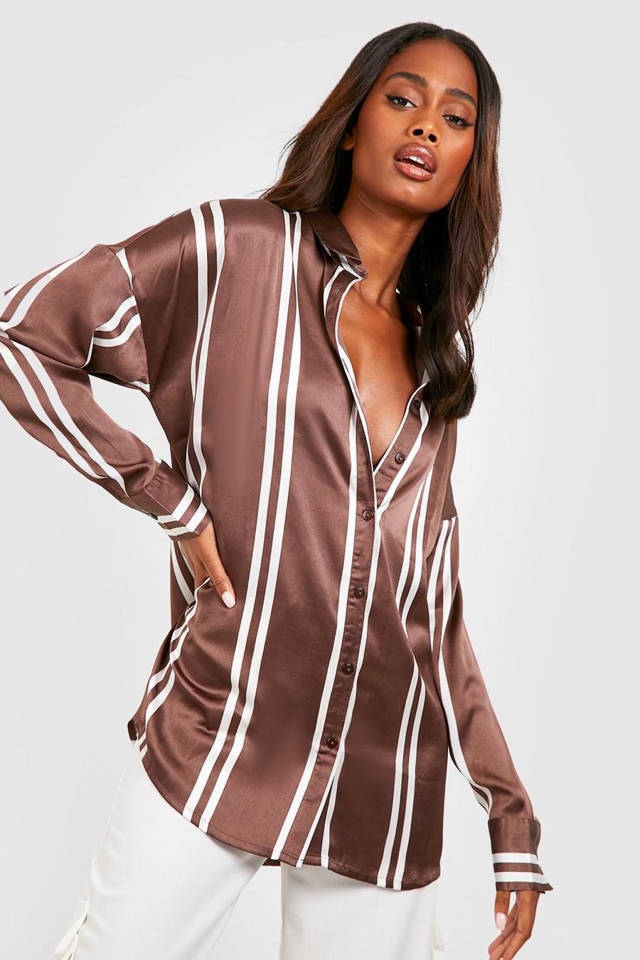 Camisa oversize de raso con rayas, Chocolate image number 1