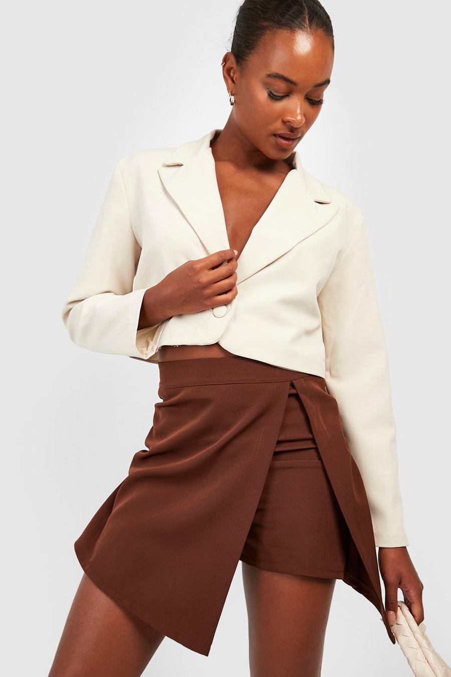 Chocolate brown Tall Wrap Over Tailored Split Side Skort image number 1