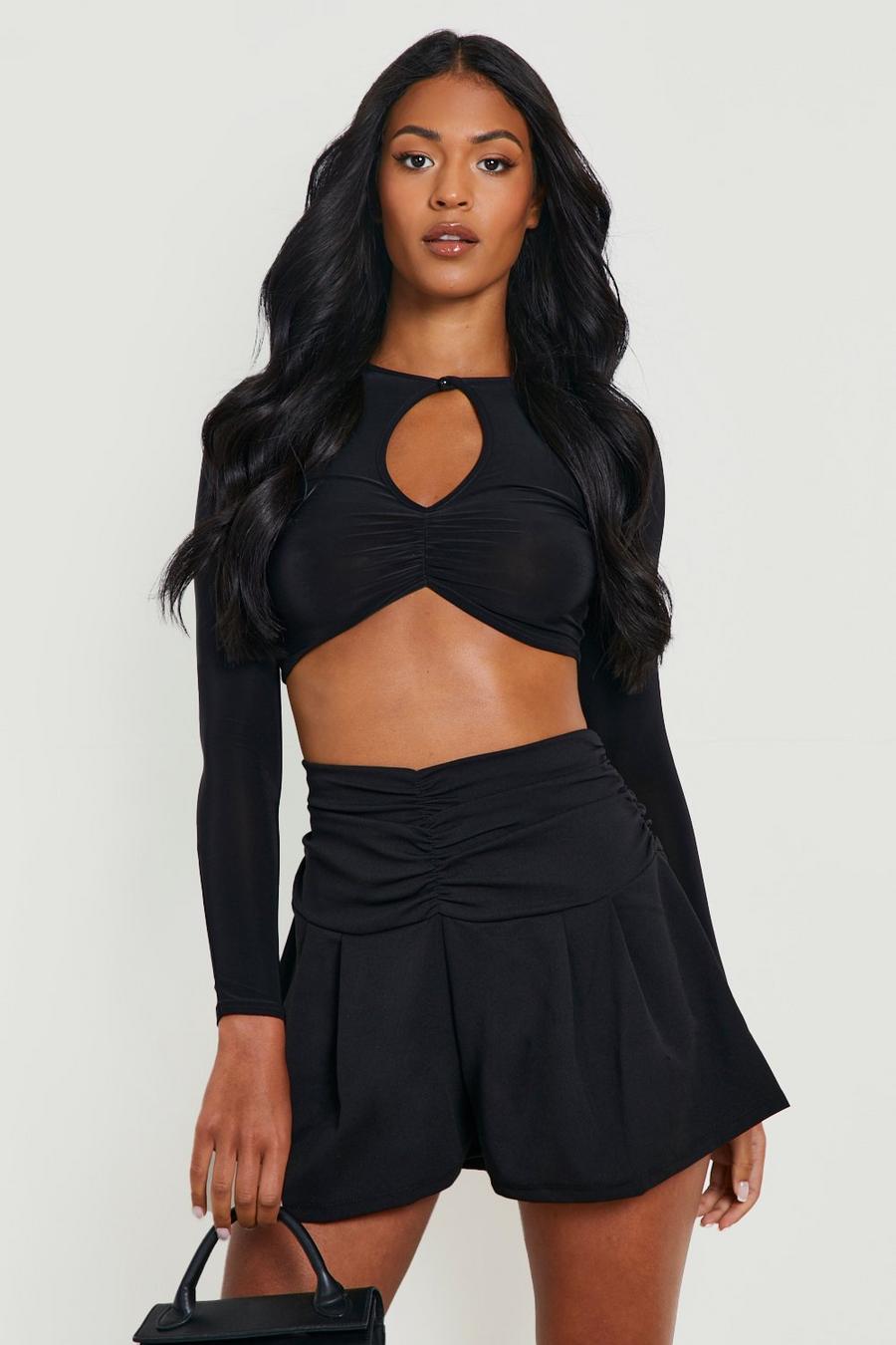 Black Tal Ruched Waist Pleat Tailored Shorts image number 1