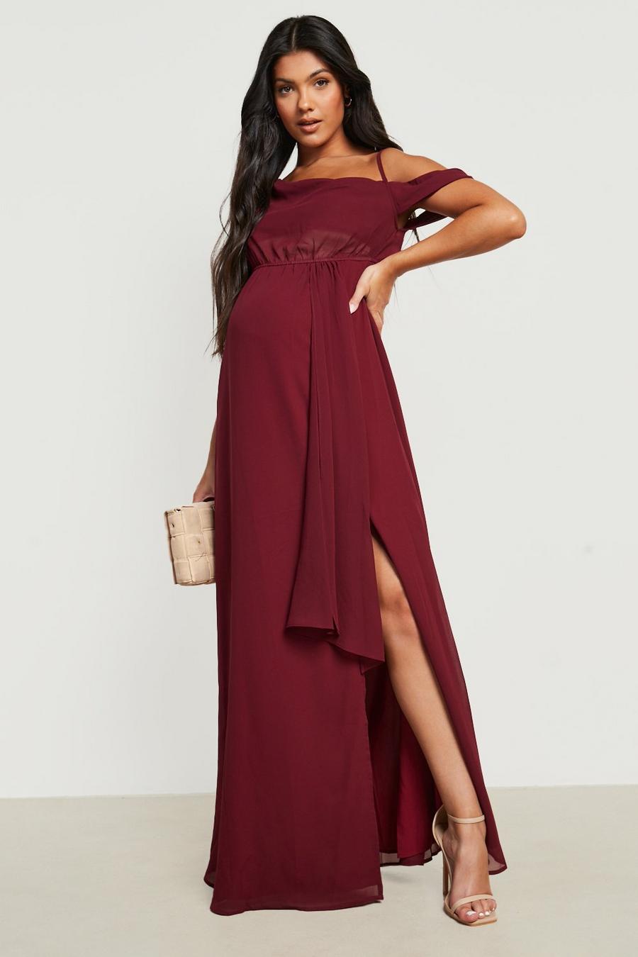 Wine red Maternity Occasion Drape Shoulder Maxi Dress image number 1