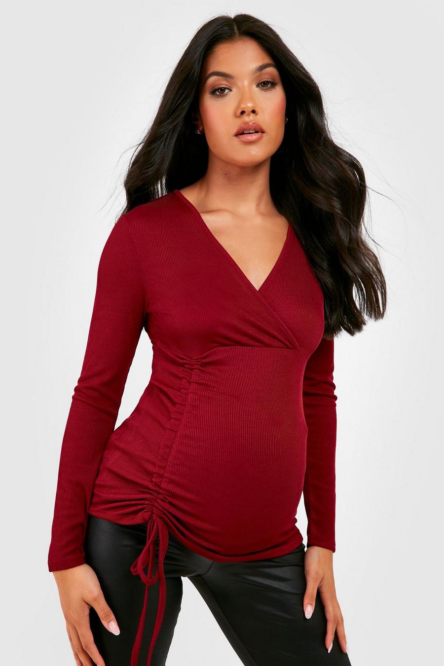 Maternité - T-shirt de grossesse côtelé à manches longues, Berry red image number 1