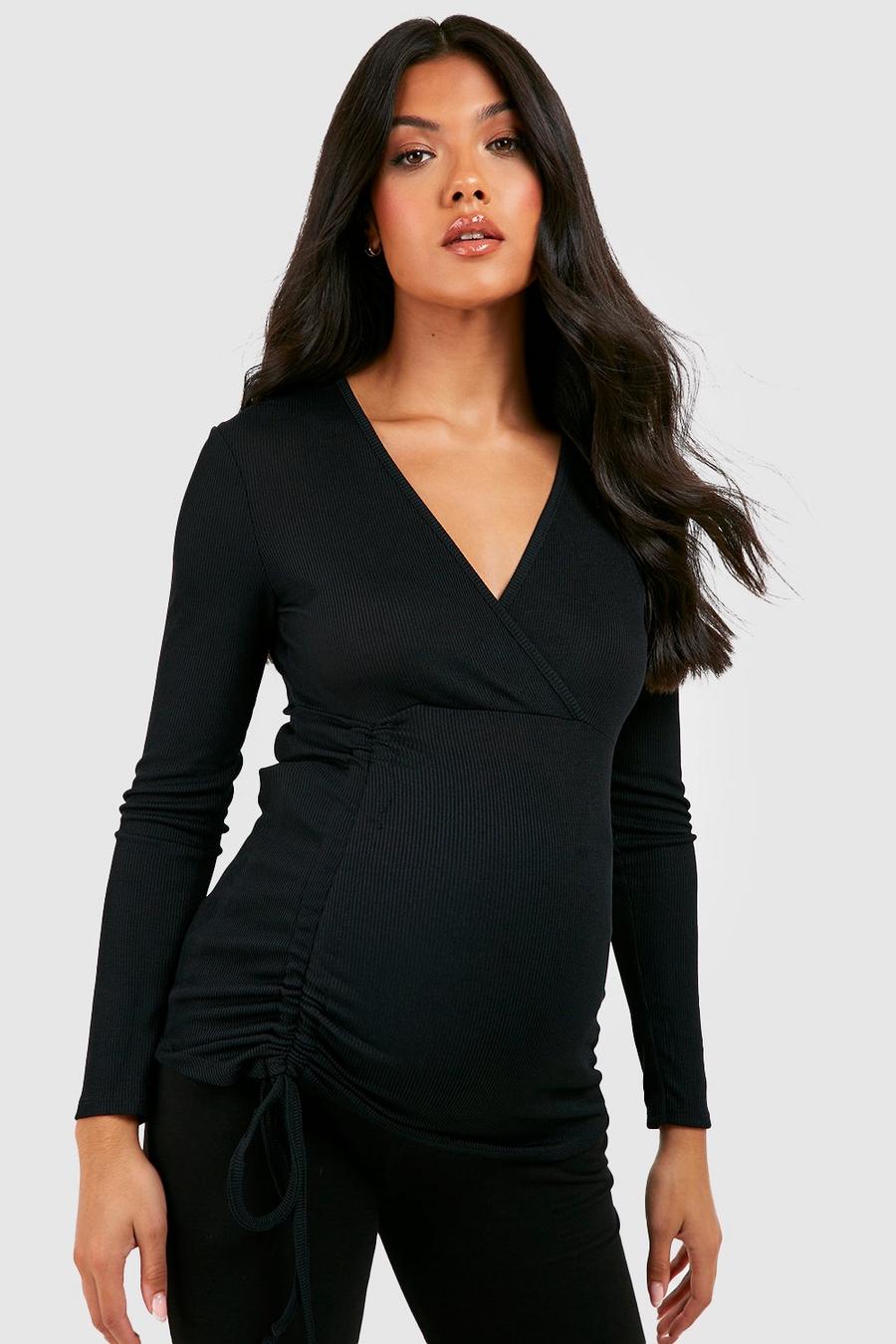 Black Maternity Rib Ruched Long Sleeve T-shirt image number 1